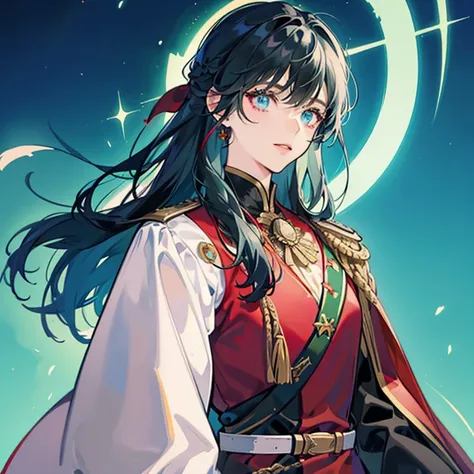 A girl with long black hair wearing a red and green military uniform,Blue inner color for hair,Has bangs,Eyes are blue,Glowing blue eyes,red military uniform with green cape,Beauty,A slight smil