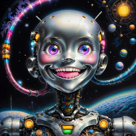 In a distant future，In a city illuminated by technology and neon lights，A giant painting of a robot’s smiling face stands。

The background of this painting is the deep universe，Dotted with brilliant stars and swirling nebulae。The robot&#39;s smiling face i...