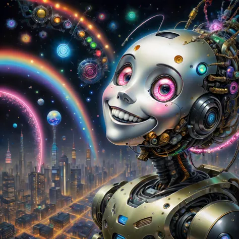 In a distant future，In a city illuminated by technology and neon lights，A giant painting of a robot’s smiling face stands。

The background of this painting is the deep universe，Dotted with brilliant stars and swirling nebulae。The robot&#39;s smiling face i...