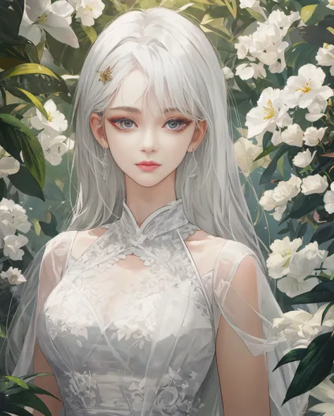 (Extremely Delicate and Beautiful:1.2), 8K ,(Masterpiece:1.0),(best_quality:1.0), 1girl, mature woman, complex details, enlarged textures, complex details, finely detailed eyes and detailed face, intricate details, white hair, (closed mouth), perfect eyes,...