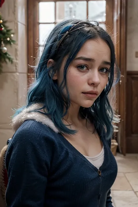 Please create an image of a 21 years old woman at christmas with blue hair and make her face look like emilia clarke