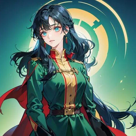 A girl with long black hair wearing a red and green military uniform,Blue inner color for hair,Has bangs,Eyes are blue,Glowing blue eyes,red military uniform with green cape,Beauty,A slight smil