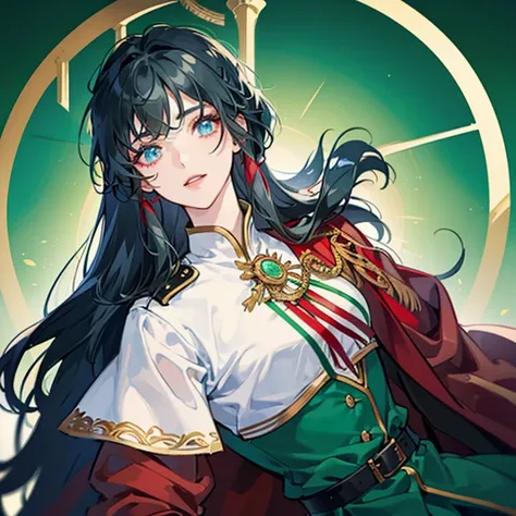 A girl with long black hair wearing a red and green military uniform,Blue inner color for hair,Has bangs,Eyes are blue,Glowing blue eyes,red military uniform with green cape,Beauty,A slight smil