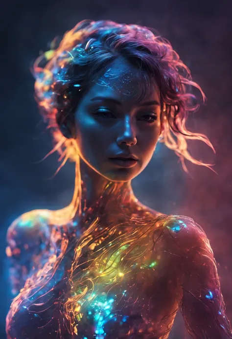 Ultra detailed illustration of the silhouette of a woman, phantasmagorical figure, (((translucent skin:1.5))), (((translucent body:1.5))), art by Mschiffer, neon lights, light particles, colorful, cmyk colors, backlit, cyberpunk