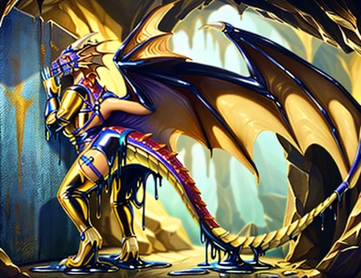 red yellow orange, a photorealistic HD cg closeup render of a female paladin morphing into a latex dragon as a cursed dragon tack wraps around her body, red and yellow with orange accents, human latex dragon hybrid, wearing dragons saddle, harness, bridle,...