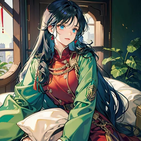 A girl with long black hair wearing a red and green military uniform,Blue inner color for hair,Has bangs,Eyes are blue,Glowing blue eyes,red military uniform with green cape,Beauty,A slight smil