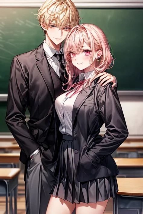 (1male people：Student uniform、Black tie、Gray jacket, White shirt, Gray trousers、One ear only, one earring,、blonde straight short hair、Golden Eyes、a smile、tall、tall、Tall、a handsome、refreshing)、(1female：long pink hair、Pink eyes、short、short in stature、Best st...