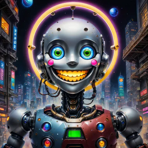 In a distant future，In a city illuminated by technology and neon lights，(A giant painting of a robot’s smiling face stands)。 The background of this painting is the deep universe，Dotted with brilliant stars and swirling nebulae。(The robot&#39;s smiling face...