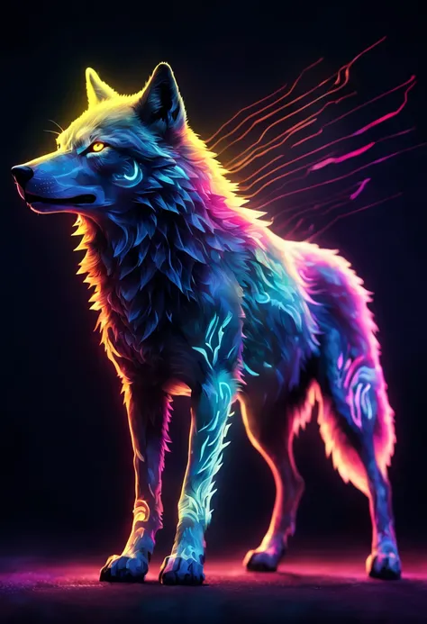 Ultra detailed illustration of the silhouette of a wolf, phantasmagorical figure, (((translucent skin:1.5))), (((translucent body:1.5))), neon lights, light particles, colorful, cmyk colors, backlit, cyberpunk