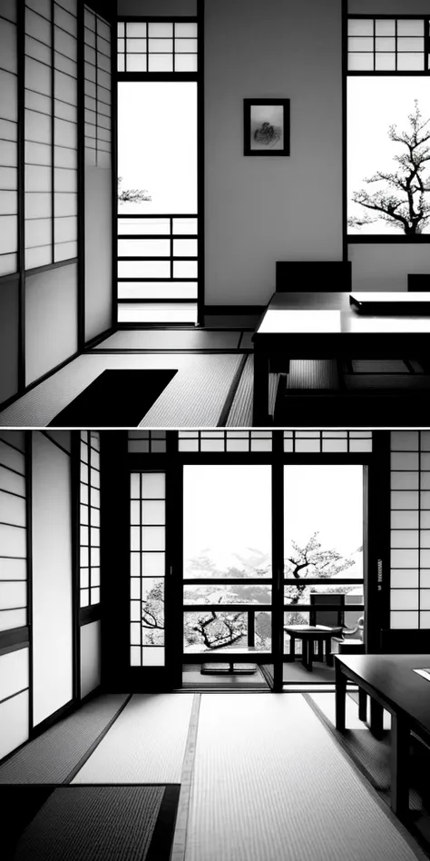 Japanese female room from inside, Yoji Shinkawa style, black and white, print, super detailed