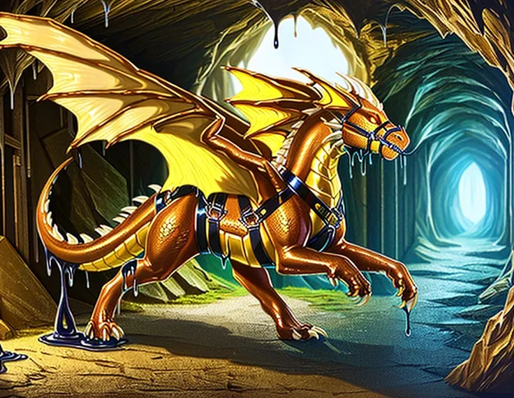 red yellow orange, a photorealistic HD cg closeup render of a female paladin knight morphing into a latex dragon as a cursed dragon tack wraps around her body, red and yellow with orange accents, human latex dragon hybrid, wearing dragons saddle, harness, ...