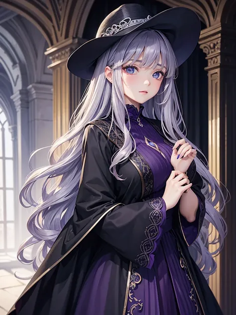 Portrait of a mature woman with long dark purple wavy hair and curly hair, side swept bangs, eBlue eyes, light tanned skin, Wearing a black princess dress, Silver Headwear, inside a dark castle