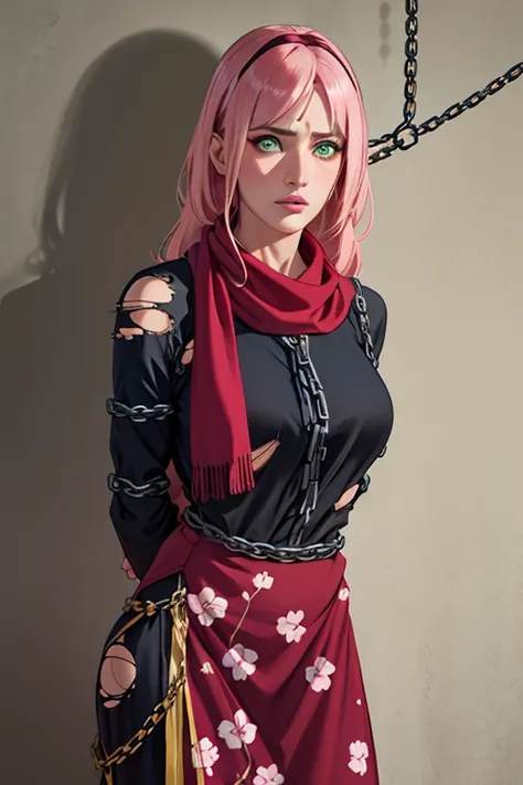 Super-realistic full-length Fashion photoshoot of a pink haired mature female, sakura(boruto) as a Pakistani fashion model woman, perfect face, perfect nose, perfect green eyes, perfect lips, with (Pink wavy semi-long hair, bangs), wearing (black floral) c...