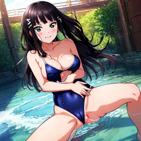 {Best Quality}, {very aesthetic}, {Ultra-detailed}, {Best Illustration}, nsfw, Navy blue swimsuit, Japan Student Swimsuit, One Piece Swimsuit, tits out, {nude}, Lots of love juice, Pussy, Spread legs, crotch grab