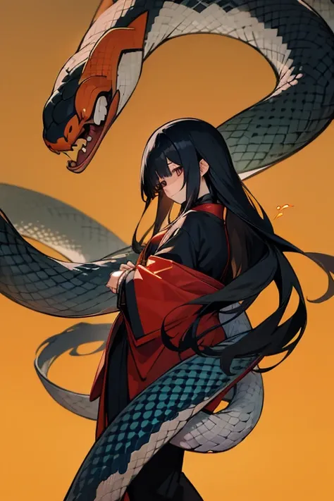 japanese terror、femele、Long Black Hair、Japanese style anime touch、snake background