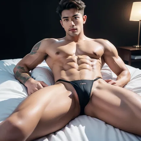 Hot,musculous,(((very thigh micro string Thong)))，legs are open，show off big bulge.，Tattooed with_Both sides， Tattooed with_Show on the_his_the face ， handsome , hunk , (cocked buttock) , Watching Viewers True 4K light and shadow , sit on bed , leg spread ...