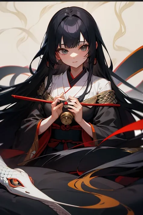 japanes、fortune teller、femele、Long black hair、Japanese style anime touch、White snake background、Friendly atmosphere