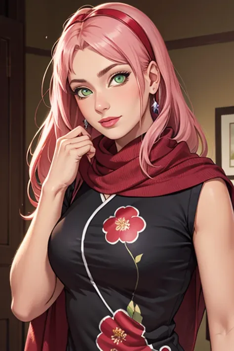 Super-realistic full-length Fashion photoshoot of a pink haired mature female, sakura(boruto) as a Pakistani fashion model woman, perfect face, perfect nose, perfect green eyes, perfect lips, with (Pink wavy semi-long hair, bangs), wearing (black floral) c...