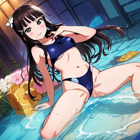 {Best Quality}, {very aesthetic}, {Ultra-detailed}, {Best Illustration}, nsfw, Navy blue swimsuit, Japan Student Swimsuit, One Piece Swimsuit, tits out, {nude}, Lots of love juice, Pussy, Spread legs, crotch grab