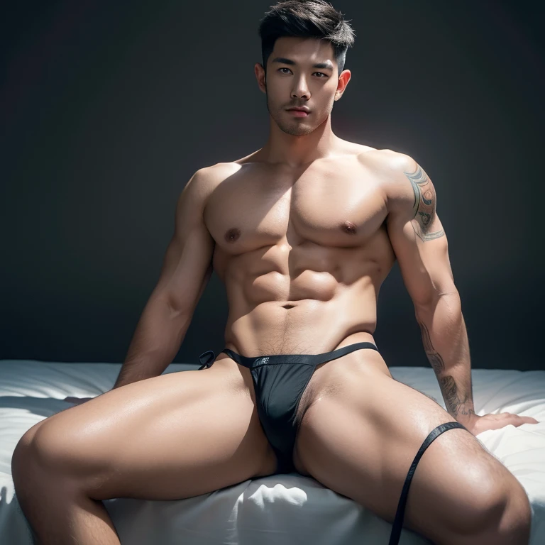 Hot,musculous,(((very thigh micro string Thong)))，legs are open，show off big bulge.，Tattooed with_Both sides， Tattooed with_Show on the_his_the face ， handsome , hunk , (cocked buttock) , Watching Viewers True 4K light and shadow , sit on grandpa lap , leg...