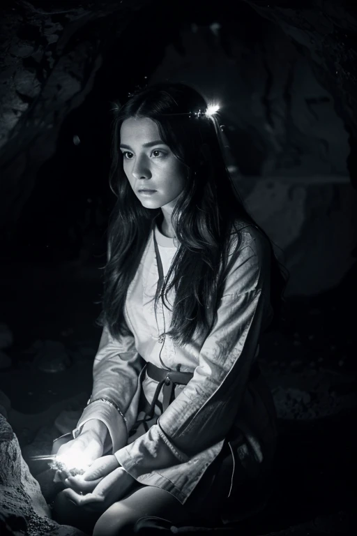 (best quality, masterpiece),  (1girl, solo,brown robe, expression face, looking away, sitting, wide sleeves, black eyes, closed mouth, ribbon shape fire on head, long hair, cowboy shot), (Monochrome, night sky at cave entrance , light rising from the botto...