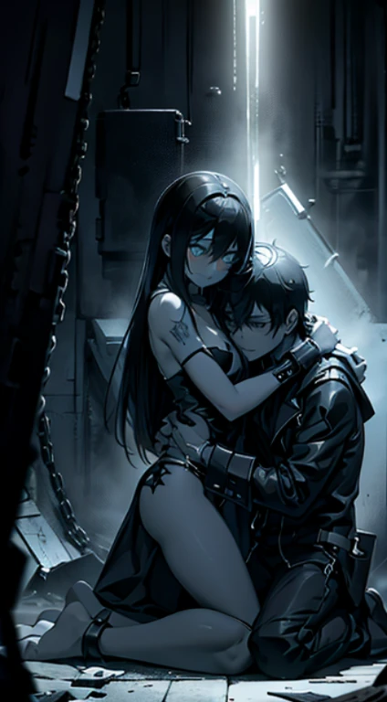 a naked handcuffed mato kuroi from black rock shooter hugging an emo guys, space, space ship, futuristic, bdsm, bodnage, sex,rape , forced, sexual intercourse, handcuffed, restrained,