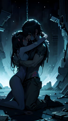 a naked handcuffed mato kuroi from black rock shooter hugging an emo guys, space, space ship, futuristic, bdsm, bodnage, sex,rape , forced, sexual intercourse, handcuffed, restrained,