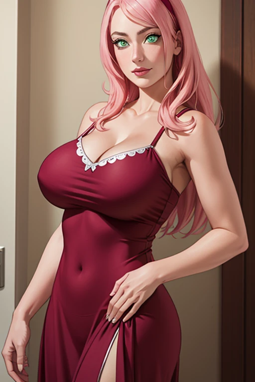 Super-realistic full-length Fashion photoshoot of a pink haired mature female, sakura(boruto) as a fashion model woman, perfect face, perfect nose, perfect green eyes, perfect lips, with (Pink wavy semi-long hair, bangs), wearing two-piece nightgown, happy...