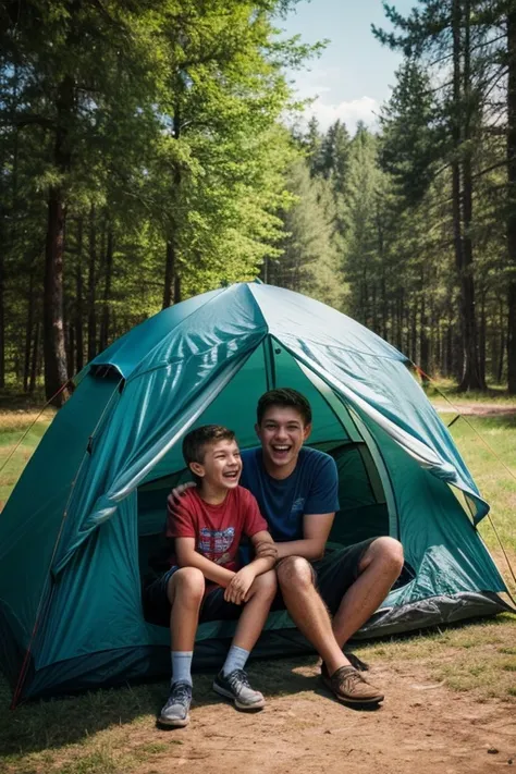 Dad and 16yo son Camping, tent, Laughing face, intricate, (masterpiece, Representative work, official art, Professional, unity 8k wallpaper:1.3)