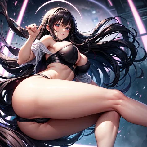 facing viewer, spreading_legs, giantess, large ass, large breasts, thick thighs, wide hips, slim waist, thong, tube top, long hair, black hair, scattered hair, eyeliner, high resolution, ultra quality, (masterpiece),