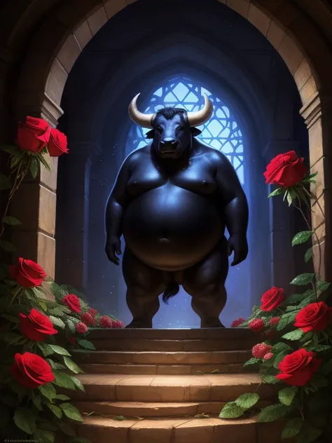 (obese, overweight male, anthro, bull kid), beautiful black , nude, hyper realistic. ((roses, dew)), digital art, concept art by...