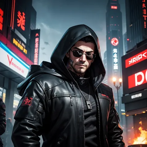 Create a war game icon image。EDM dj style white male character。age 30s。has a charming atmosphere。The hood is pulled so deep that the eyes are hidden.。He wears sunglasses and a black rider&#39;s jacket.。Wear flashy accessories、Tattoos visible on arms and ne...