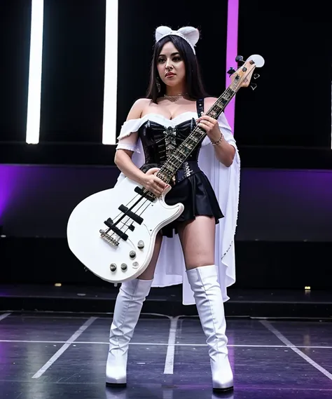 a bass player holding her guitar and dancing onstage. wearing a high tech outfit, consisting of a metallic corset with white fur...