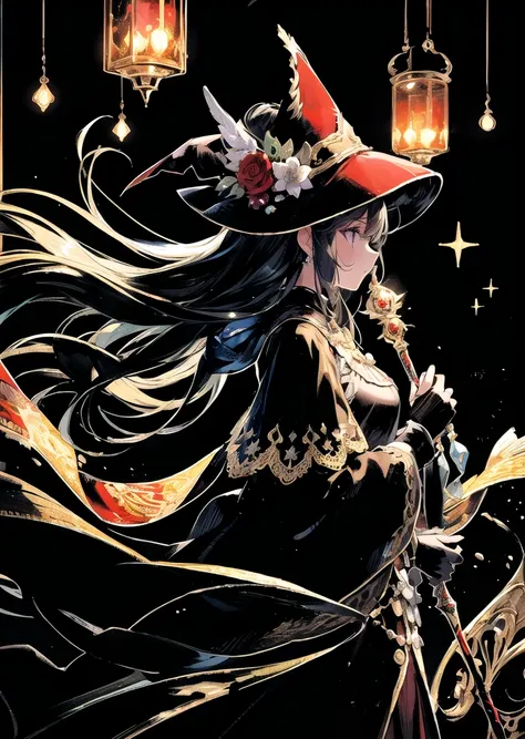 wizard woman using "night" powers, dark tone background, profile, soft smile, floating hair, large staff, slightly vintage style...