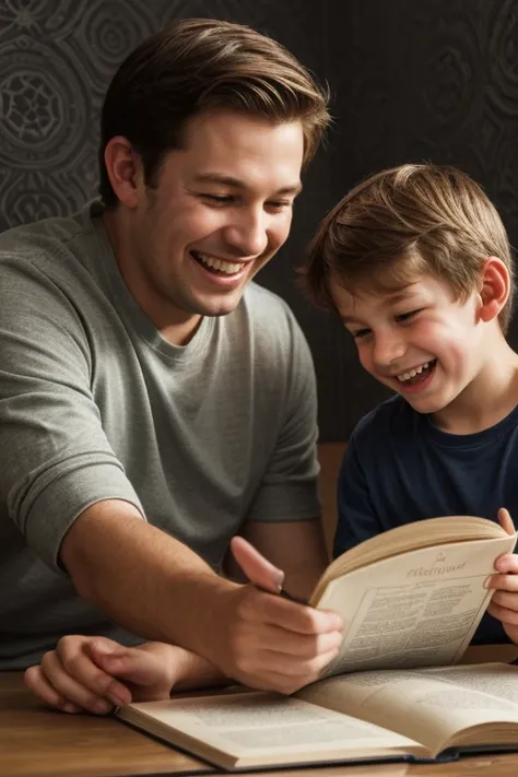 Dad and 12yo boy reading book, Laughing face, intricate, (masterpiece, Representative work, official art, Professional, unity 8k wallpaper:1.3)