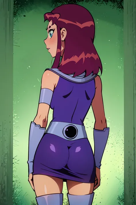 Skin tight skirt,butt, small breasts, from behind, facing away,1girl, Masterpiece, starfire (teen titans)