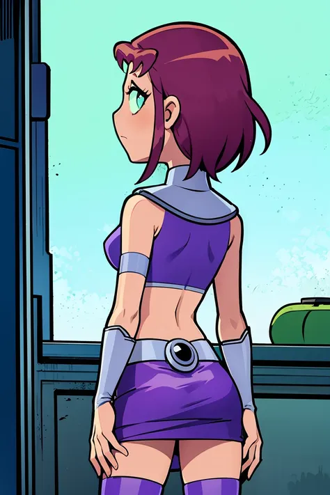 skin tight skirt,butt, small breasts, from behind, facing away,1girl, masterpiece,starfire (teen titans), midriff,