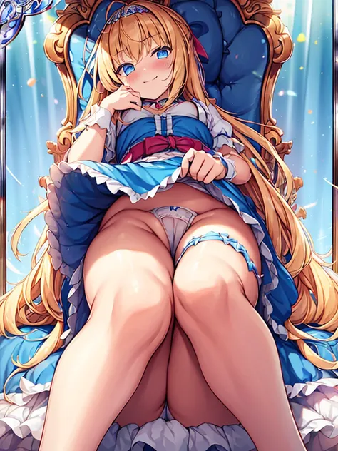 1girl in, (No Panties),(OPEN twat), length hair, blue eyess, blonde hair, diadems, sitting on, I dont wear any underwear、A pose where you can be seen from below、Spreading legs with both hands、Open twat, doress, the bow, The card, pinafore, shairband, Playi...