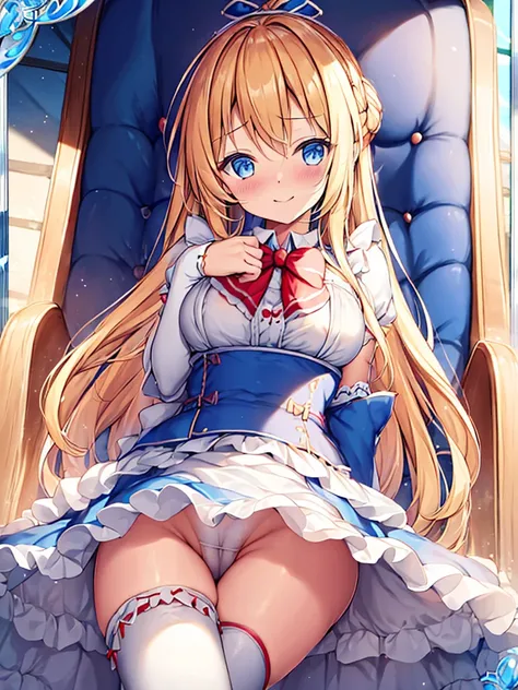 1girl in, (No Panties),(OPEN twat), length hair, blue eyess, blonde hair, diadems, sitting on, I dont wear any underwear、A pose where you can be seen from below、Spreading legs with both hands、Open twat, doress, the bow, The card, pinafore, shairband, Playi...