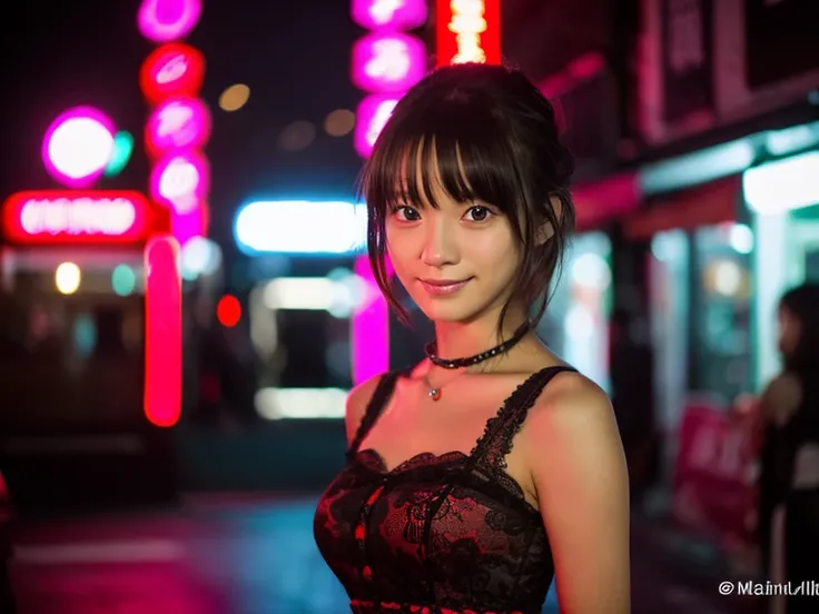 ((Best Quality, 8K, masutepiece: 1.3)), 1人の女性, Smile, Full body, Standing figure，Slim Face, Pretty Woman, (dark brown hair), Short skirt :1.1, Super Detailed Face, Detailed eyes, Double eyelids, Blurred background, Slim Face, Roppongi City, Japan, Night in...