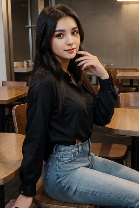 A photorealistic of a 25-year-old Turkish girl with long, flowing black hair and striking brown eyes.sitting Cafe pic should be capture smart phone and wearing jeans shirt