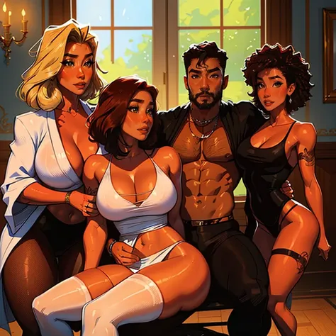 Muscular Handsome European ( tall&==((short-haired))) shirtless barbarian man with beard absolutely surrounded and being hugged and touched by (((three))) sexy women harem girlfriends bitches feeling his muscles and groin, women: long Flowing voluminous ha...