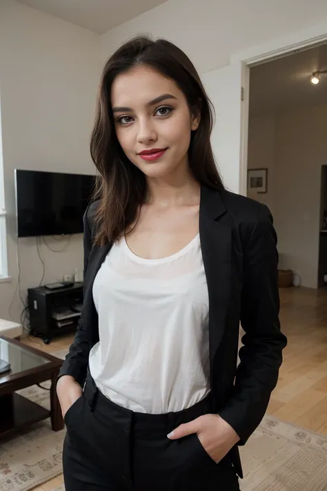 Photo D&#39: brunettes 20 years old, one meter 75, top model measurements. she is dressed in a well-tailored black and gray suit. tight t-shirt, a fitted black jacket and a white mini shirt. she looks at the camera, her gaze dark and intense. she is wearin...