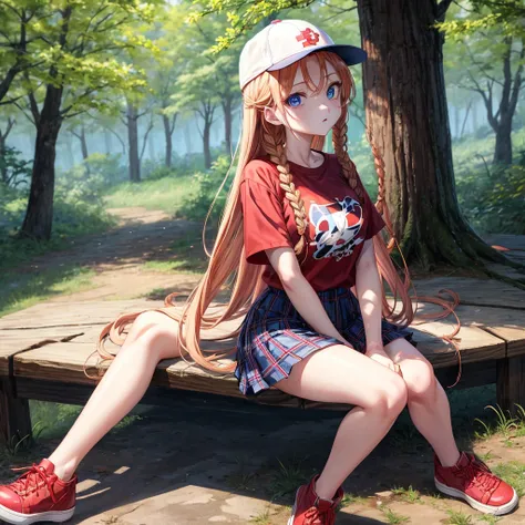 red blonde、blue eyess、Braids、one good looking girl、独奏、animesque、Plaid miniskirt、Black T-shirt、camisole、the woods、Sunlight、sitting on、Wearing a plaid baseball cap、bare-legged、Tilting your face、With a cheek cane