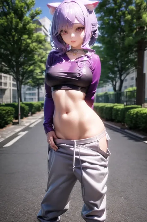 ((Completely naked body))、Anime character with cat ears on his head posing on the street, Chic, realistic anime 3 d style, realistic anime art style, 3 d anime realistic, Anime Realism Style, belly exposed,  Anime style. 8K, Smooth Anime CG Art, Anime styl...