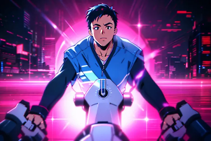 1980s animation style，The male protagonist is an Asian about 29 years old，Has mature appearance and dark blue hair，The background is the mechanical cockpit。