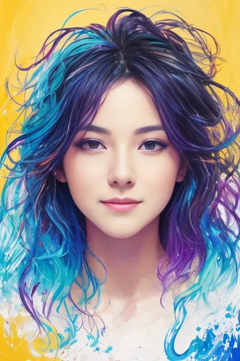 Colorful beautiful smiling woman: Agiru 30 years old, Messy hair, Oil Painting, Perfect face with soft skinice perfect face, Blue-yellow color, Add light purple and purple, Add bright red, Complex 디테일, splash screen, in 8k resolution, Masterpiece, Cute fac...