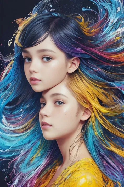 Colorful beautiful girl: a giru 8-years old, messy hair, oil painting, nice perfect face with soft skinice perfect face, blue yellow colors, light purple and violet additions, light red additions, intricate detail, splash screen, 8k resolution, masterpiece...