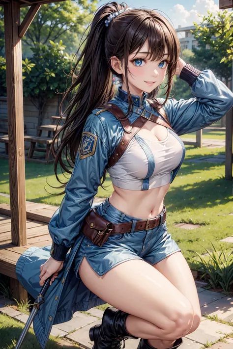 Beautiful face、Brown hair、((poneyTail、Azure eyes:1.2))、shiny and smooth hair, Smiling smile, a 18 year old girl、extremely detailed CG unified 8k wallpaper, Highly detailed, Warrior armor、shortpants、Half jacket、Short boots、squatt、Big spear、grass field、