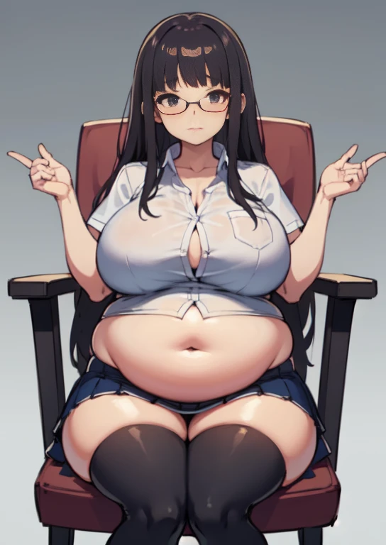 (masterpiece, best quality), 1girls, big belly, blurry background, huge belly, art by kipteitei, round belly, chubby, curvy, white button-up shirt, skirt, thighhighs, simple_background, gradient_background, belly bursting out of shirt, belly grab, enormous...